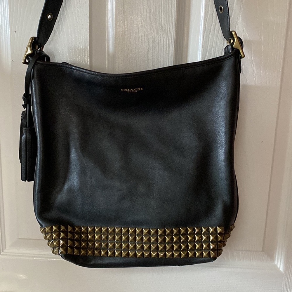 COACH Black Leather Legacy Studded Pyramid Stud Bucket Duffle Crossbody Bag - Picture 7 of 15